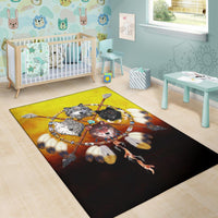 Multicolor area rug with four wolf warriors, bright yellow center panel and circular motif