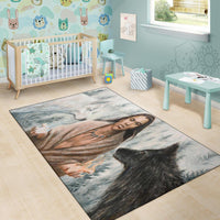 Kids room area rug with woman's portrait and black wolf, muted blue-gray