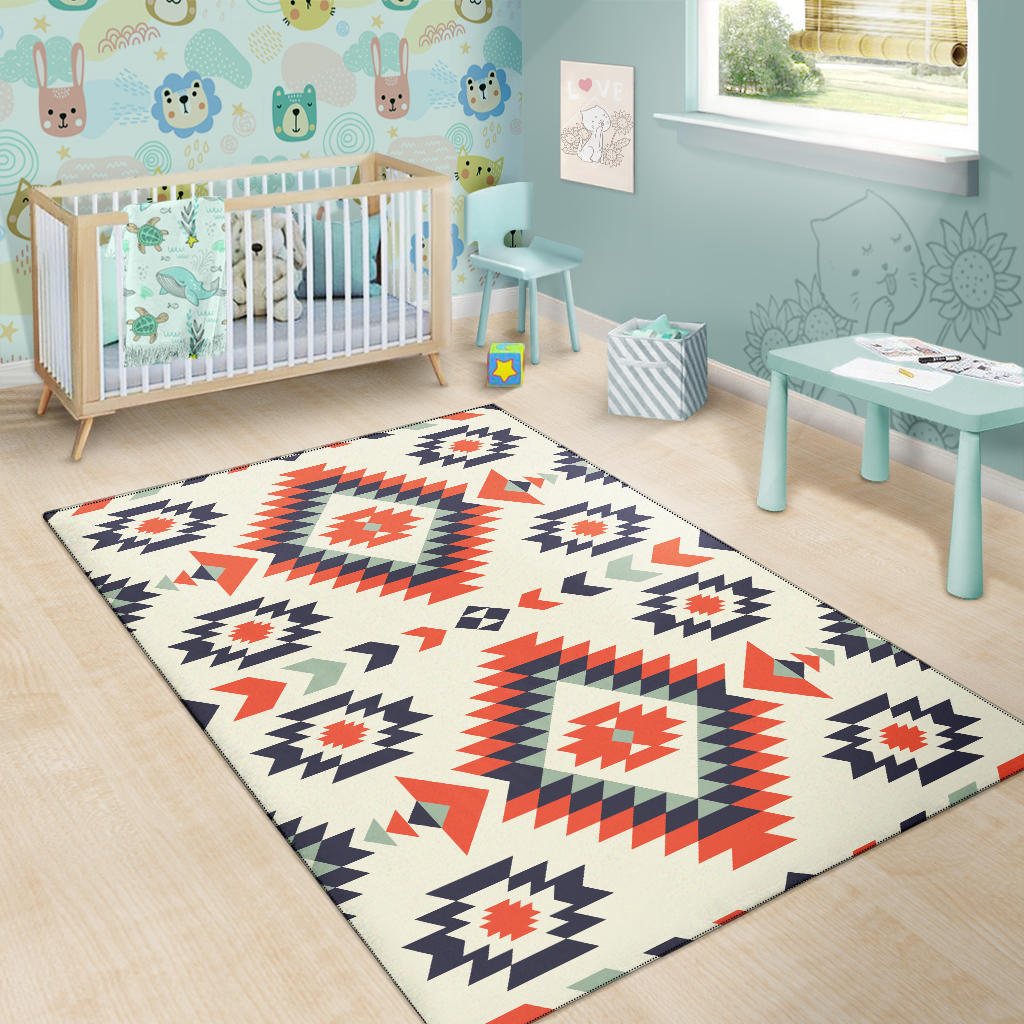 Geometric kids area rug, cream with navy, red and green diamond pattern