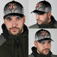 Wolf graphic cap worn by man in profile, showing front and side panels