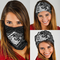 Two viking bandanas in black/white, worn by people; diamond emblem print