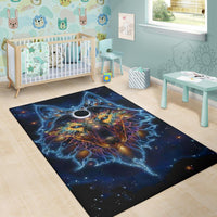 Cosmic wolf rug in blue and gold with swirling nebula pattern and starry speckles