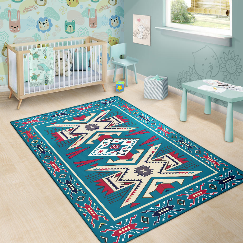 Turquoise Native American area rug with red and cream star motifs and border details
