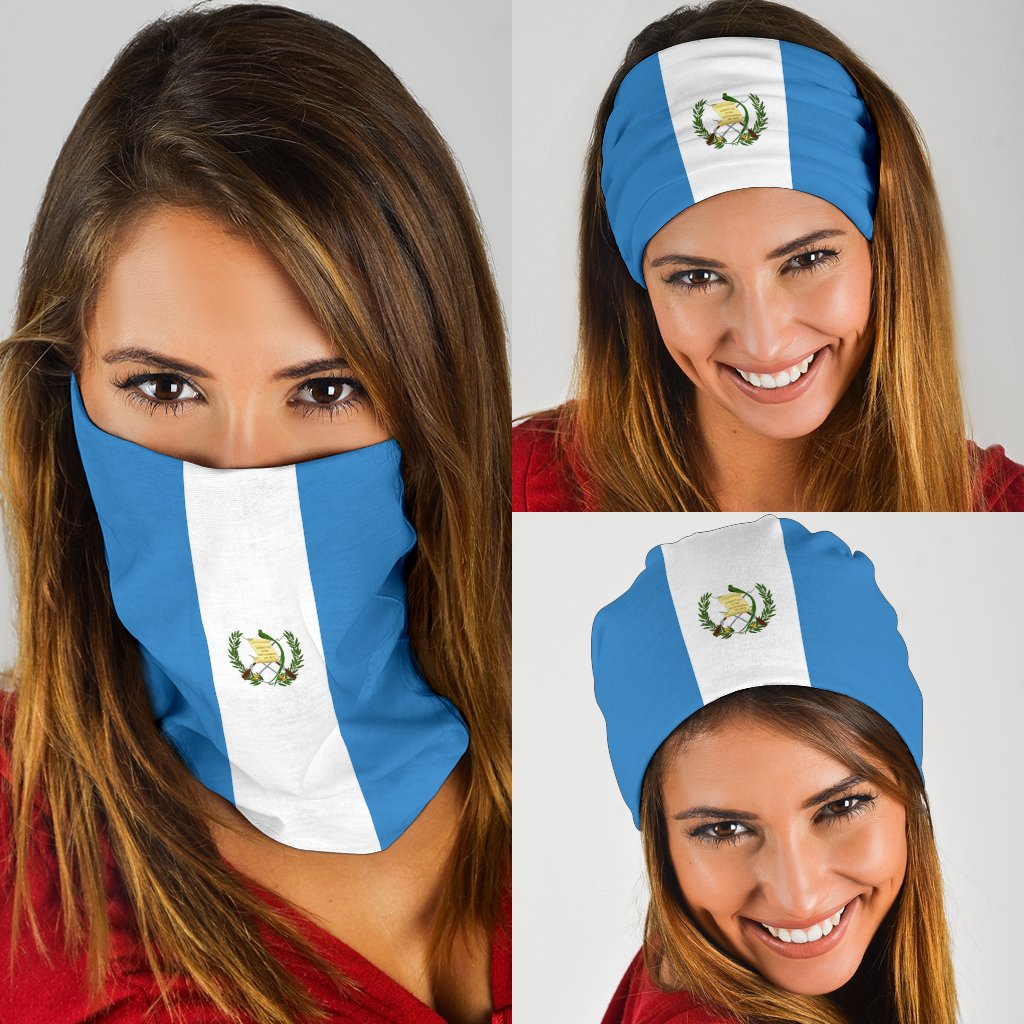 Guatemala flag bandana neck gaiter, blue-and-white stripes with crest, worn over hair