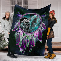 Skull dreamcatcher blanket, large symmetrical skull-with-wolf design, teal glow and purple feathers