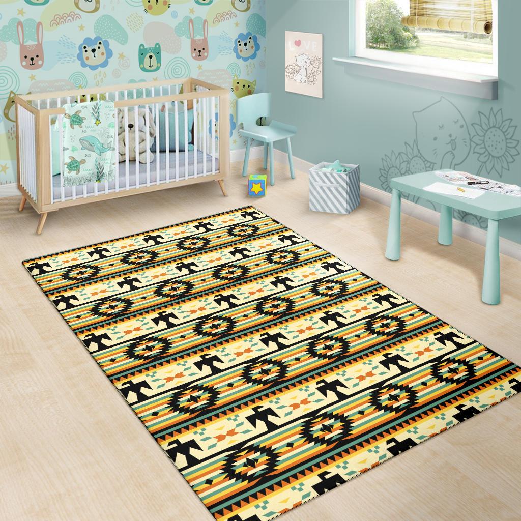 Kids nursery area rug with yellow tribal geometric pattern and black border