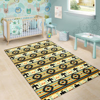 Kids nursery area rug with yellow tribal geometric pattern and black border