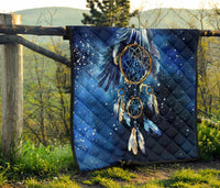 Blue galaxy dreamcatcher quilt panel, navy quilted diamonds with dreamcatcher feathers