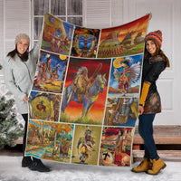 Native American-style blanket displayed on snow, multicolor patchwork panels with patterned trim