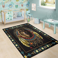 Black wolf dreamcatcher rug with multicolor geometric border and centered feathered wolf face
