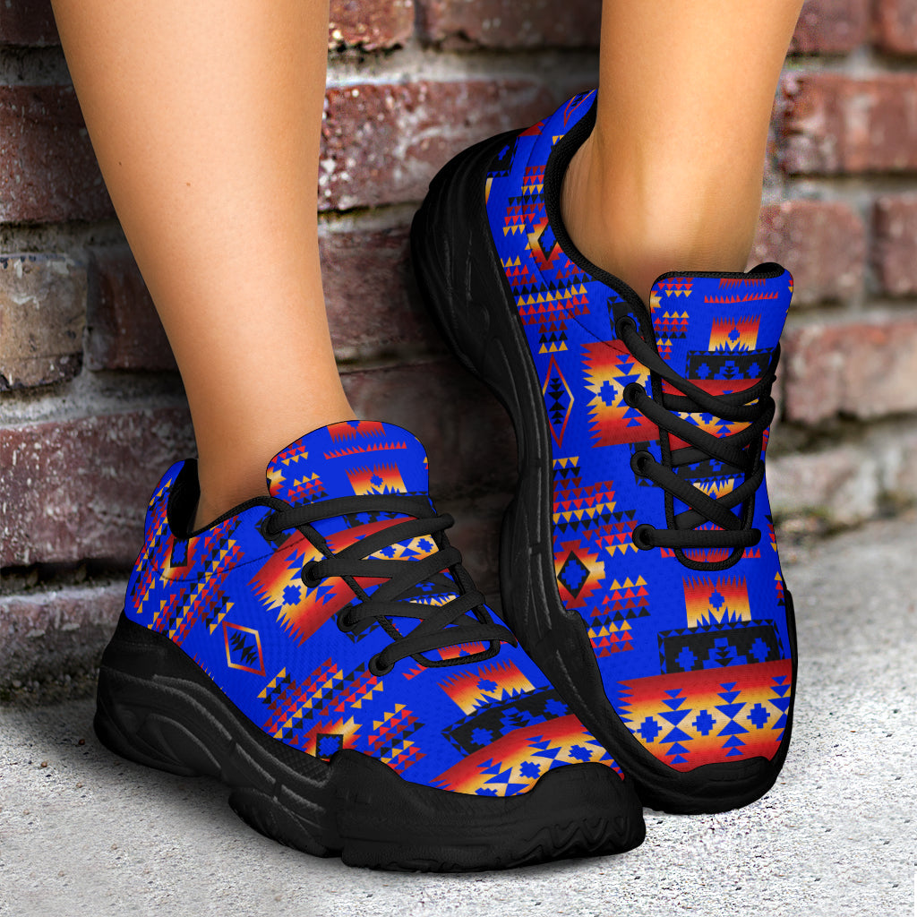 Dark blue chunky sneakers with Native American geometric print, black outsole and laces