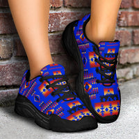 Dark blue chunky sneakers with Native American geometric print, black outsole and laces