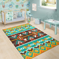 Colorful kids-style geometric area rug with teal border and brown patterned center