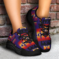 Purple lace-up chunky sneakers with Native geometric print and black sole, street view
