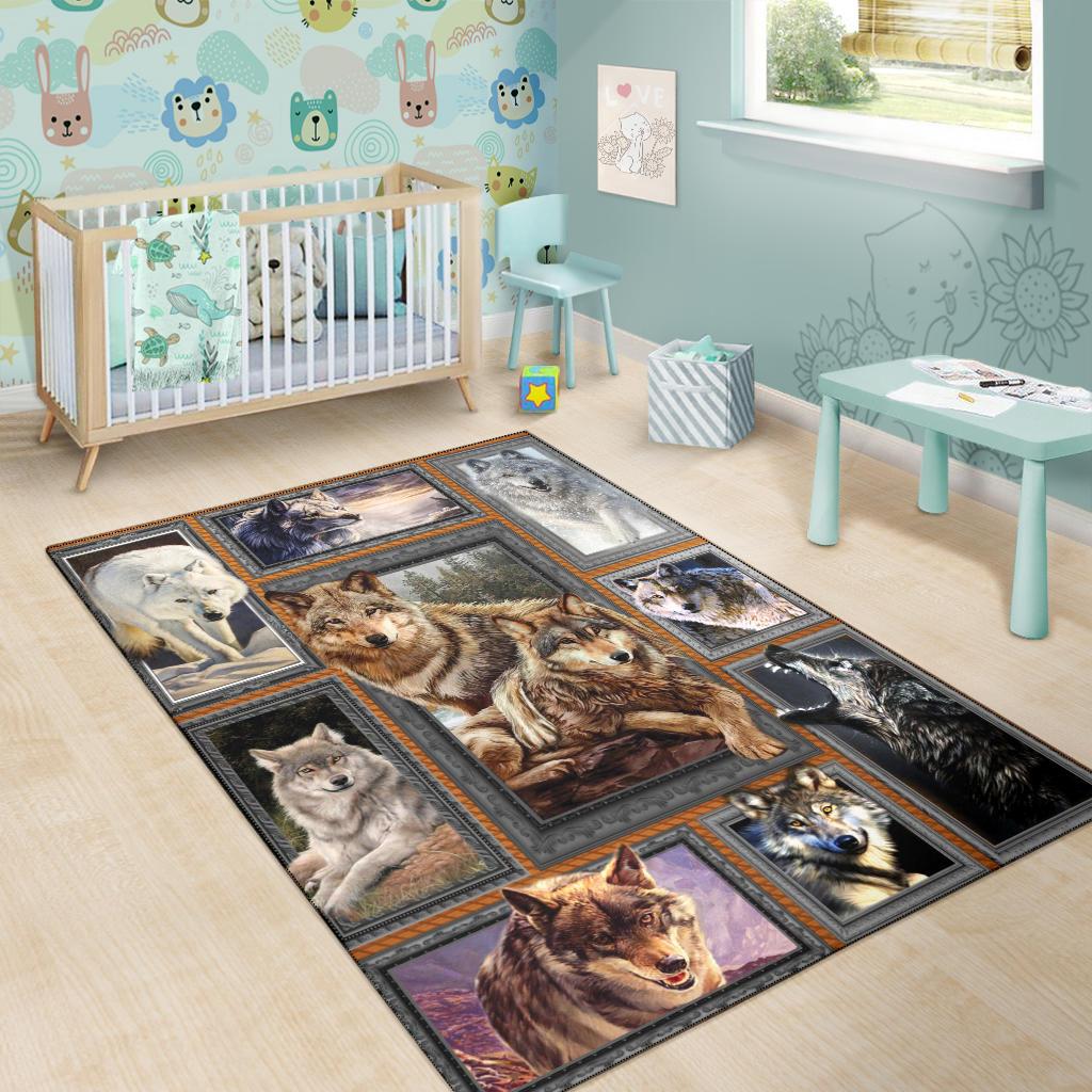 Multicolor wolf area rug with layered framed wolf images arranged in a border grid