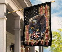 House flag decor with multicolor bald eagle graphic, stars, ribbons, and red columns
