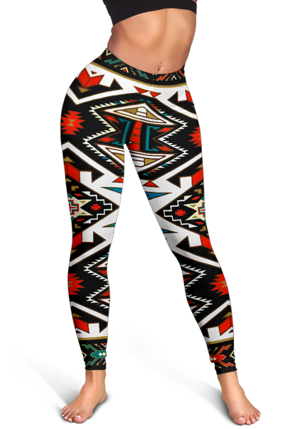 Front view of colorful tribal geometric leggings full length with black zigzag bands