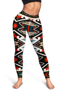 Front view of colorful tribal geometric leggings full length with black zigzag bands