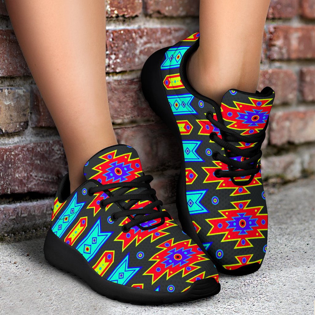 Multicolor Native pattern lace-up sport sneakers with black sole and heel panel