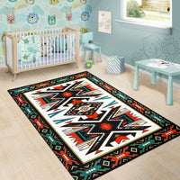 Colorful Native-style geometric area rug on nursery floor, black border with multicolor motifs