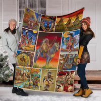 Multicolor Native American jigsaw blanket spread out, patchwork images in grid