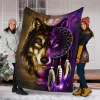Wolf and purple dreamcatcher print blanket displayed on front, large size