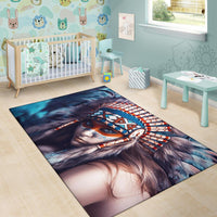Kinderzimmer-Teppich mit Native Girl Motiv: Gesicht, Federhaube und kräftige Rot-Akzente.
