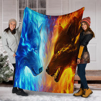 Ice Fire Wolf blanket large square, blue wolf left and fiery orange wolf right