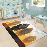 Area Rug LT10 multicolor rug with dog faces and orange block accents