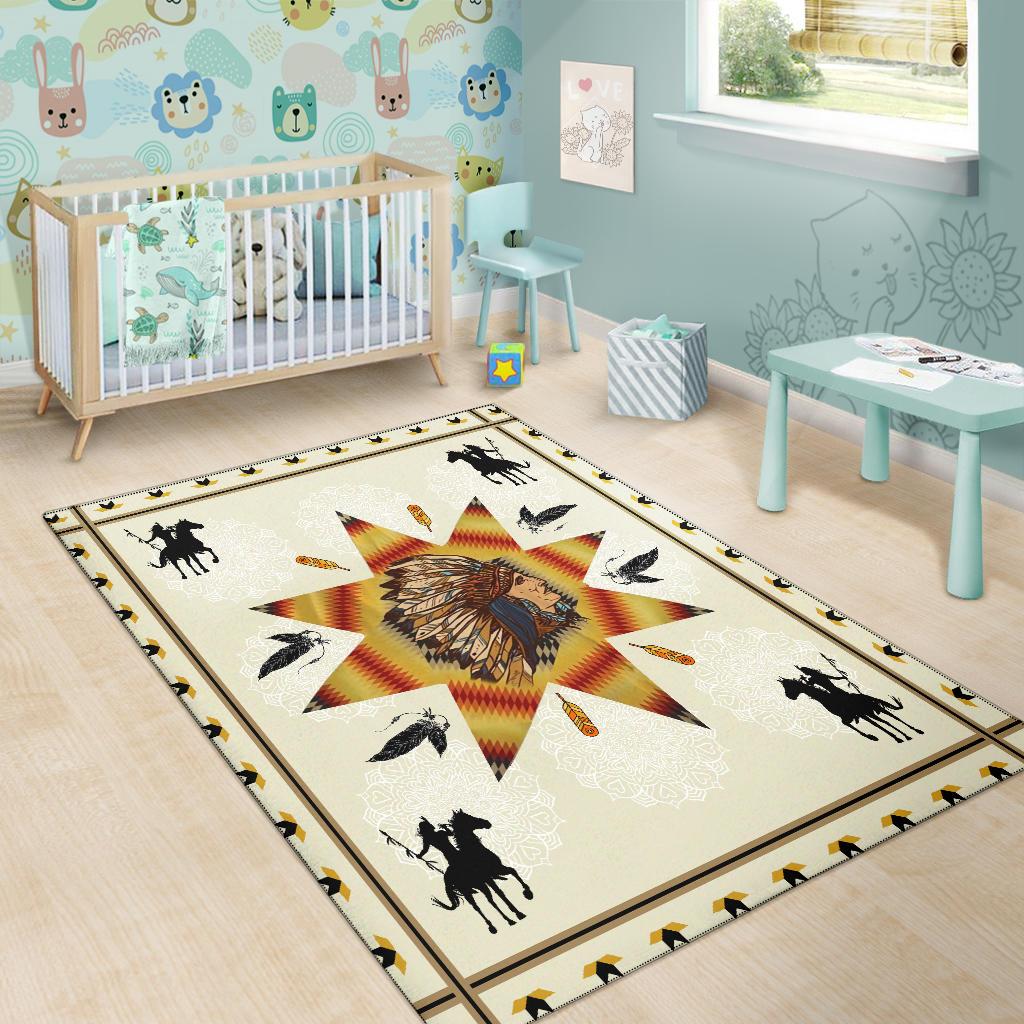 Chief and Warriors kids room area rug, central Native-style headdress star and border pattern