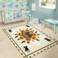 Chief and Warriors kids room area rug, central Native-style headdress star and border pattern