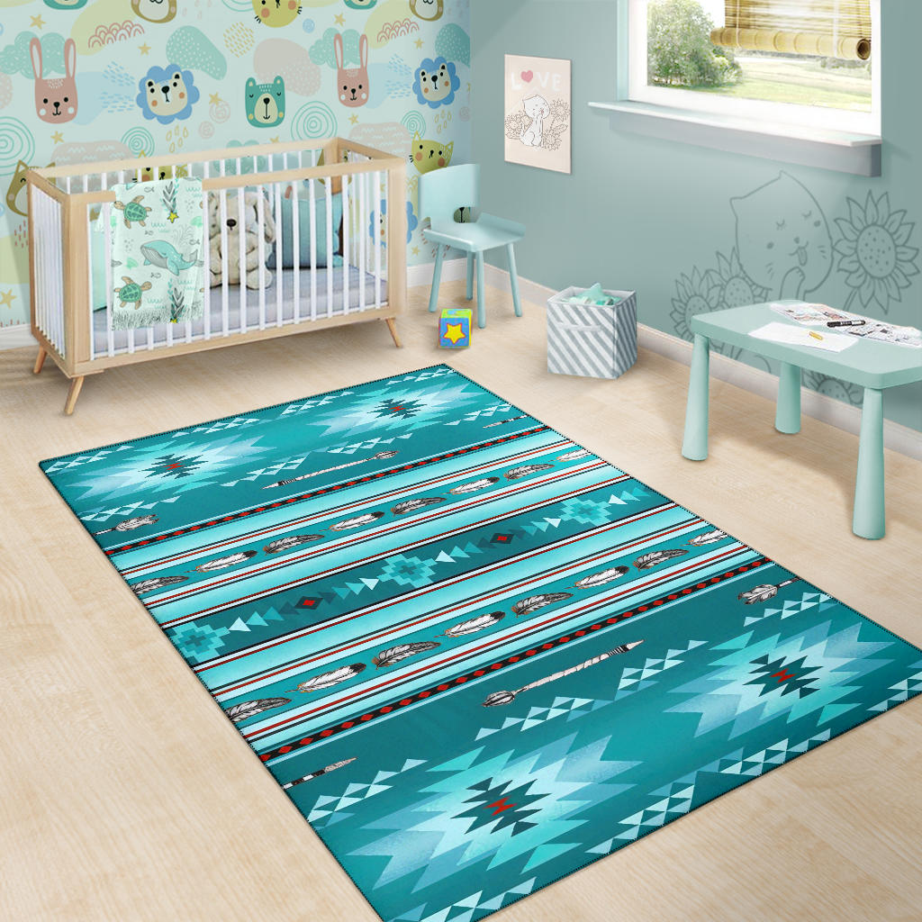 Teal tribal area rug in kids room, striped bird motifs and arrow patterns