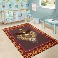 Dreamcatcher owl area rug with geometric border, brown center panel and magenta edge