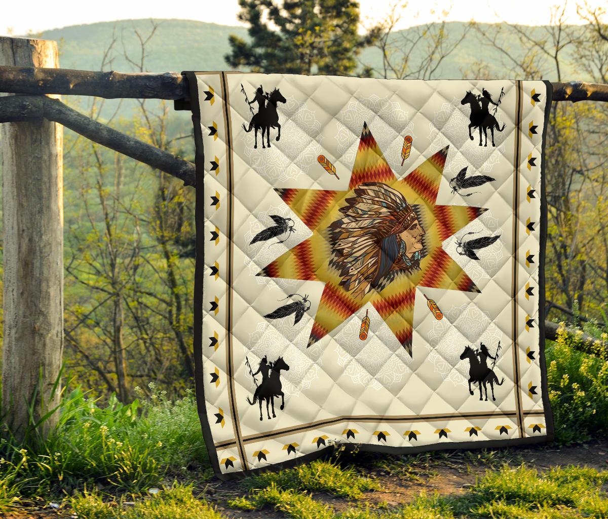 Outdoor hanging Native American chief quilt: white ground, multicolor starburst, horse silhouettes