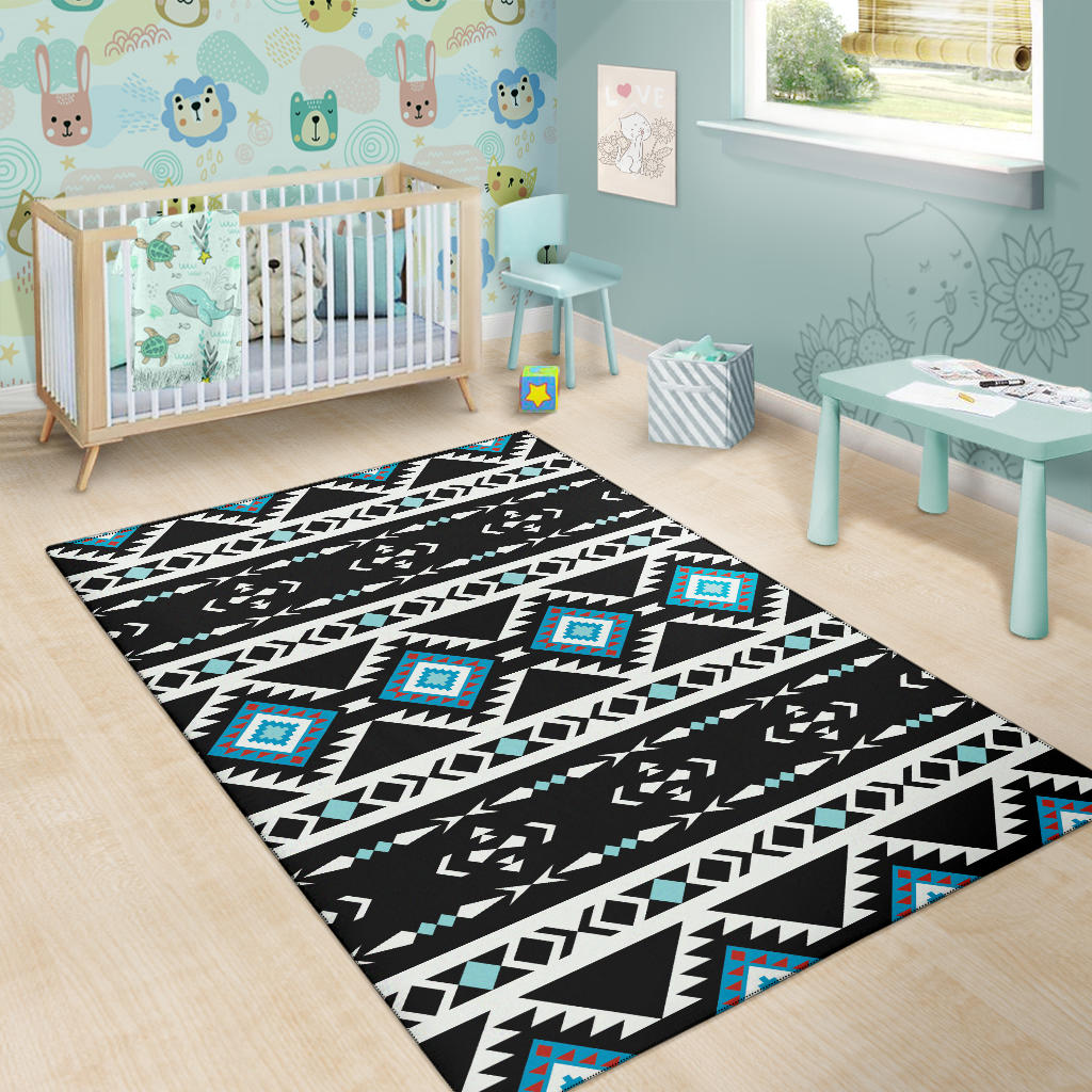 Black geometric area rug with teal and red diamond medallion patterns