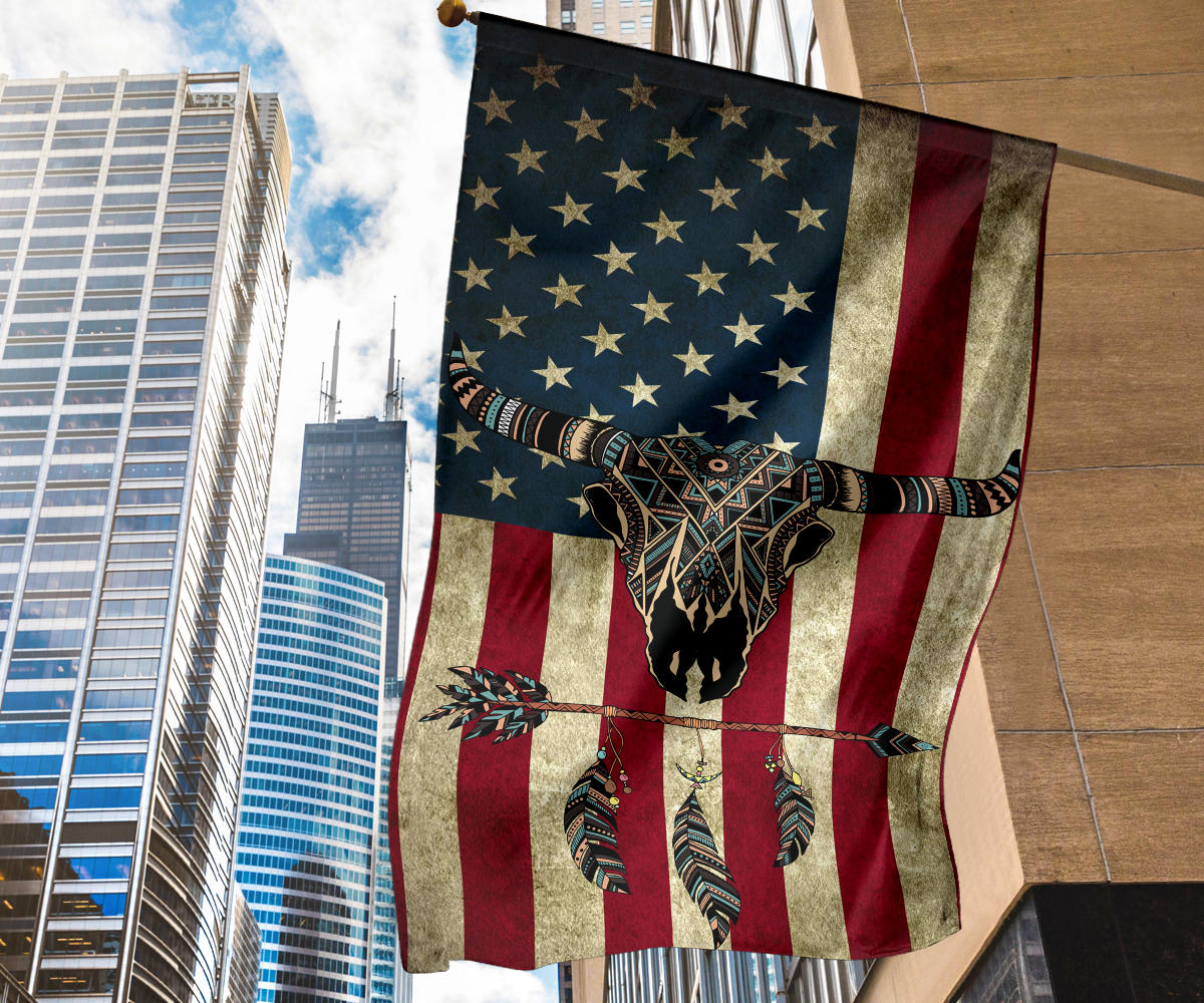 Vertical view of Native American buffalo flag decor with blue stars and red-gold stripes