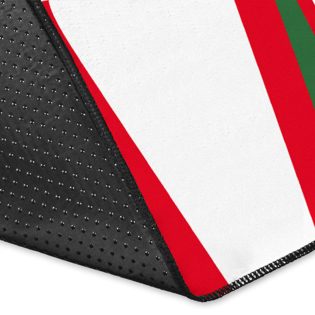 Black edge close-up with red-and-white stripes on the multicolor area rug