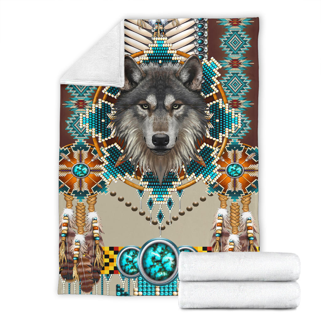 Wolf blanket with folded look, turquoise circles, and brown-and-teal bead patterned center