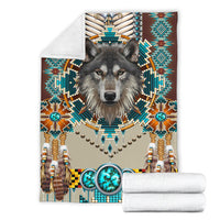 Wolf blanket with folded look, turquoise circles, and brown-and-teal bead patterned center