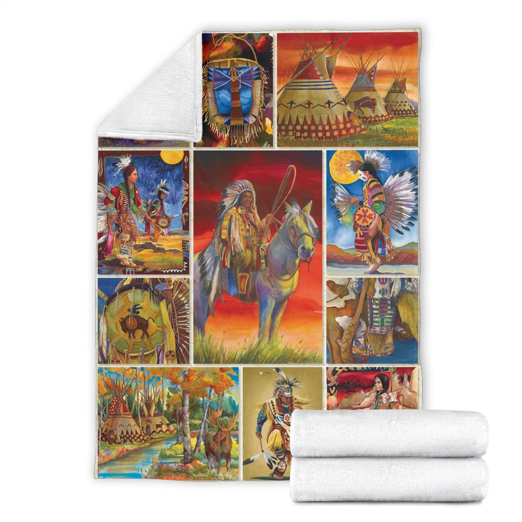 Native American-style blanket folded on white background, multicolor patchwork panels and edge