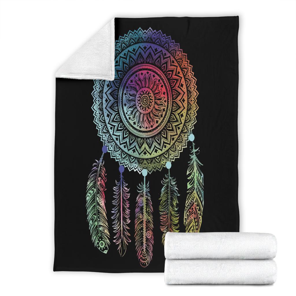 Black dreamcatcher throw with rolled white backing and multicolor circular mandala