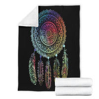 Black dreamcatcher throw with rolled white backing and multicolor circular mandala