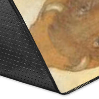 Corner close-up of multicolor bison rug: black backing with stitched edge detail