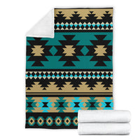 Teal Aztec pattern blanket with black, tan, and light-blue geometric borders