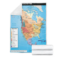 Native American cultures map blanket with white folded layers, culture areas panel left