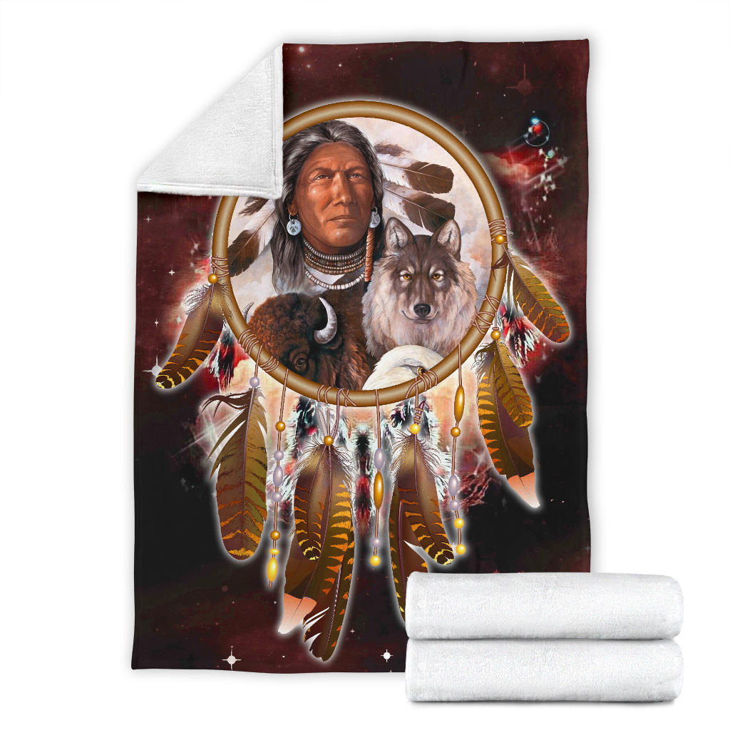 Chief and wolf red galaxy blanket set with folded matching white-backed throws
