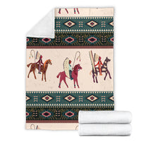 Chief horse blanket folded with matching rolled white fleece backing