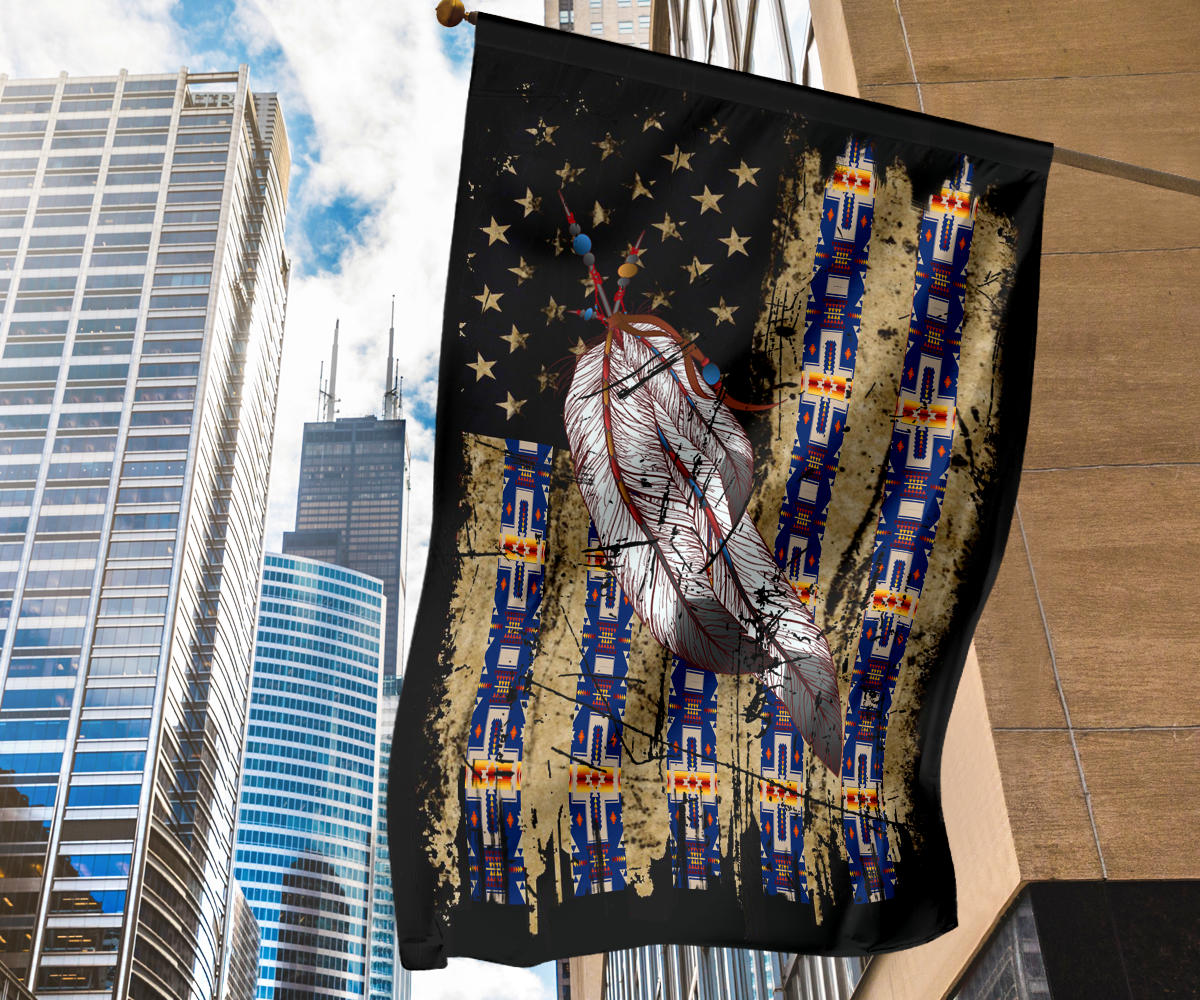 Close view of feather flag artwork: star field, feather, and blue vertical stripes