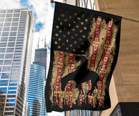 Hanging flag decor with horse silhouette, black field and red patterned vertical strip