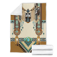 Brown native-style blanket with eagle chest center, turquoise bead belt and two tassels